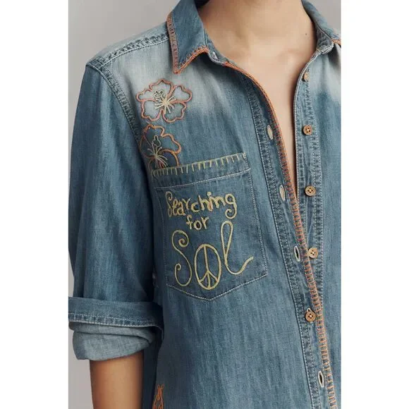 Anthropologie Pilcro Long-Sleeve Embroidered Icon Denim Buttondown Shirt - Picture 3 of 9